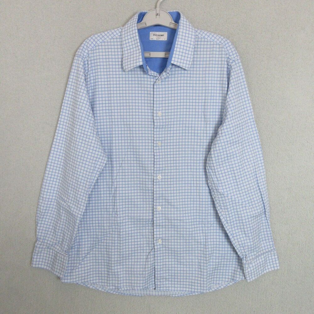 DUCHAMP London Dress Shirt Mens 18" XXL Slim Fit Blue Windowpane Long Sleeve